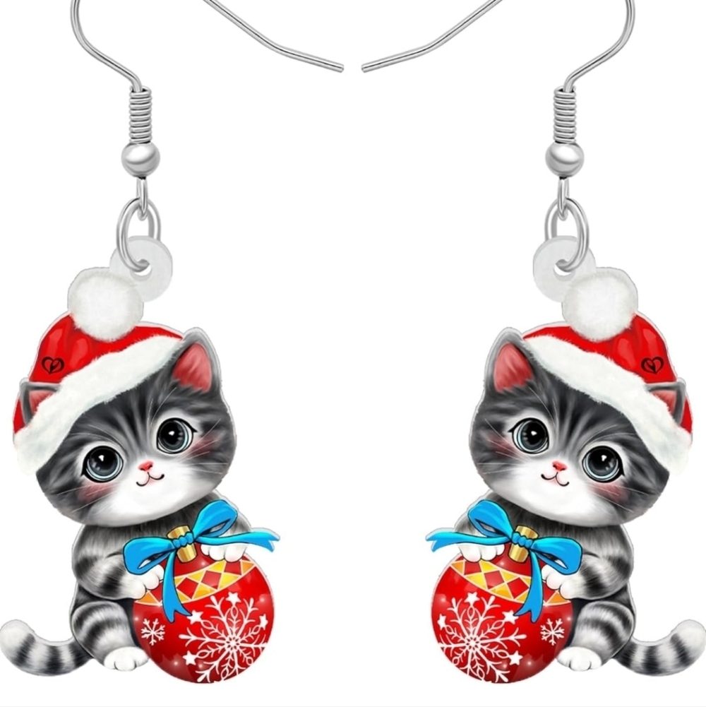 Festive Cat Earrings - Red and Gray